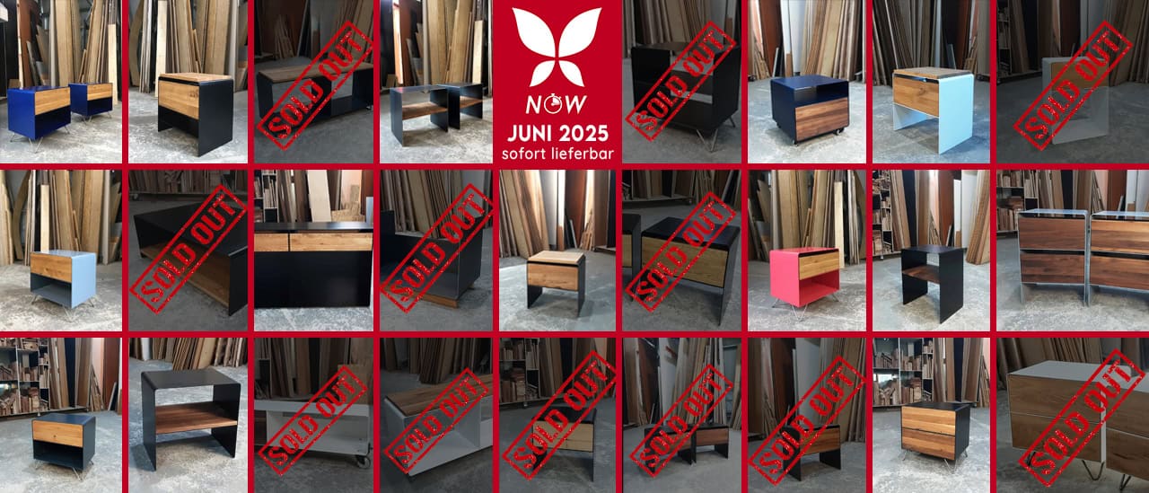Auswahl an Stahlzart Now Möbeln wie Regal, Couchtisch, Sideboard, Nachttisch, TV-Lowboard, Sitzbank und Beistelltisch in Weiß, Schwarz, Holz und Metall im Industrial-Design. Einige Artikel auf Lager, andere ausverkauft.